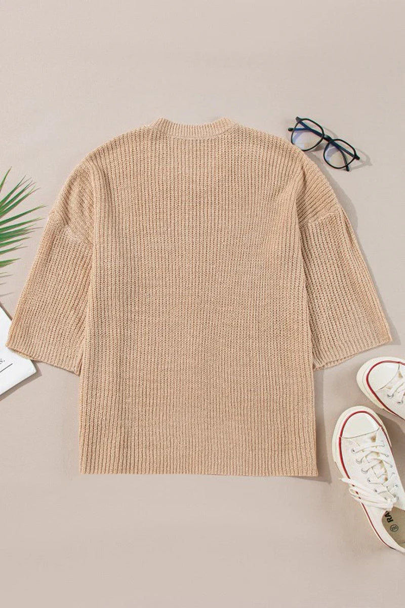 Contrast Stripe 3/4 Sleeve Crew Neck Sweater