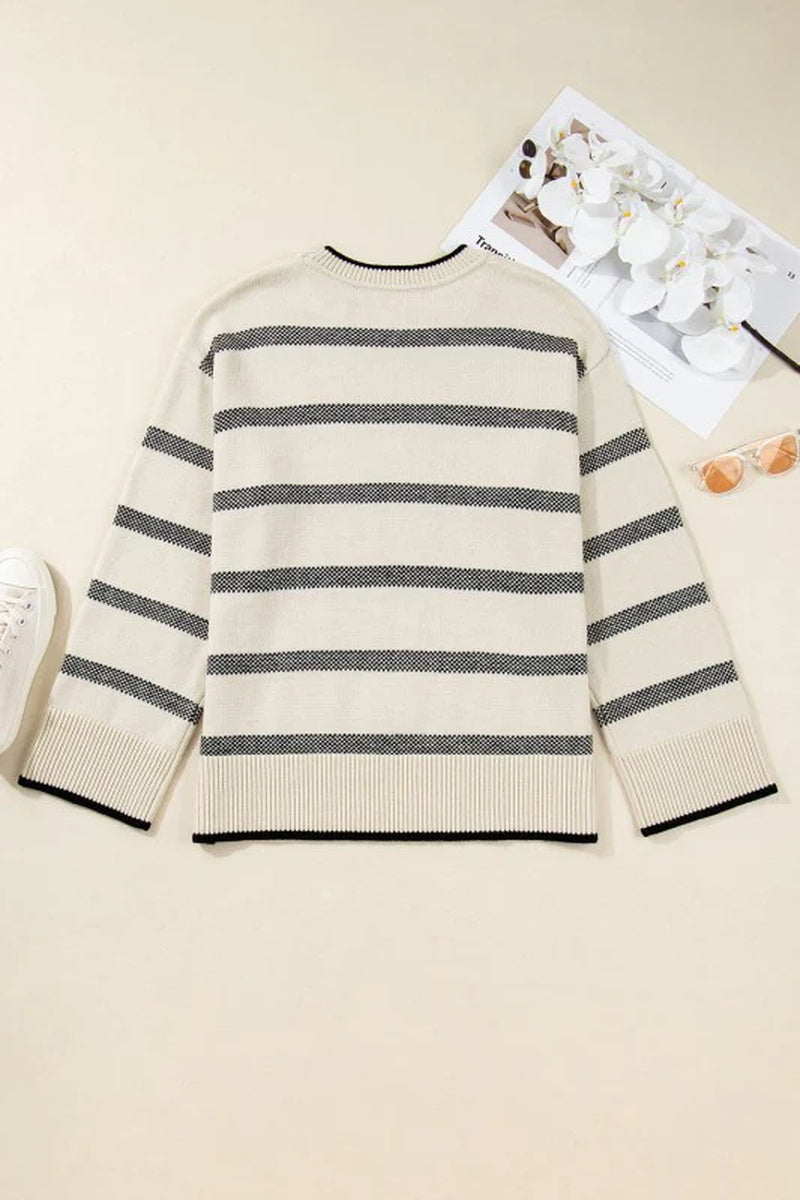 Plus Size Stripe Wide Sleeve Crewneck Sweater