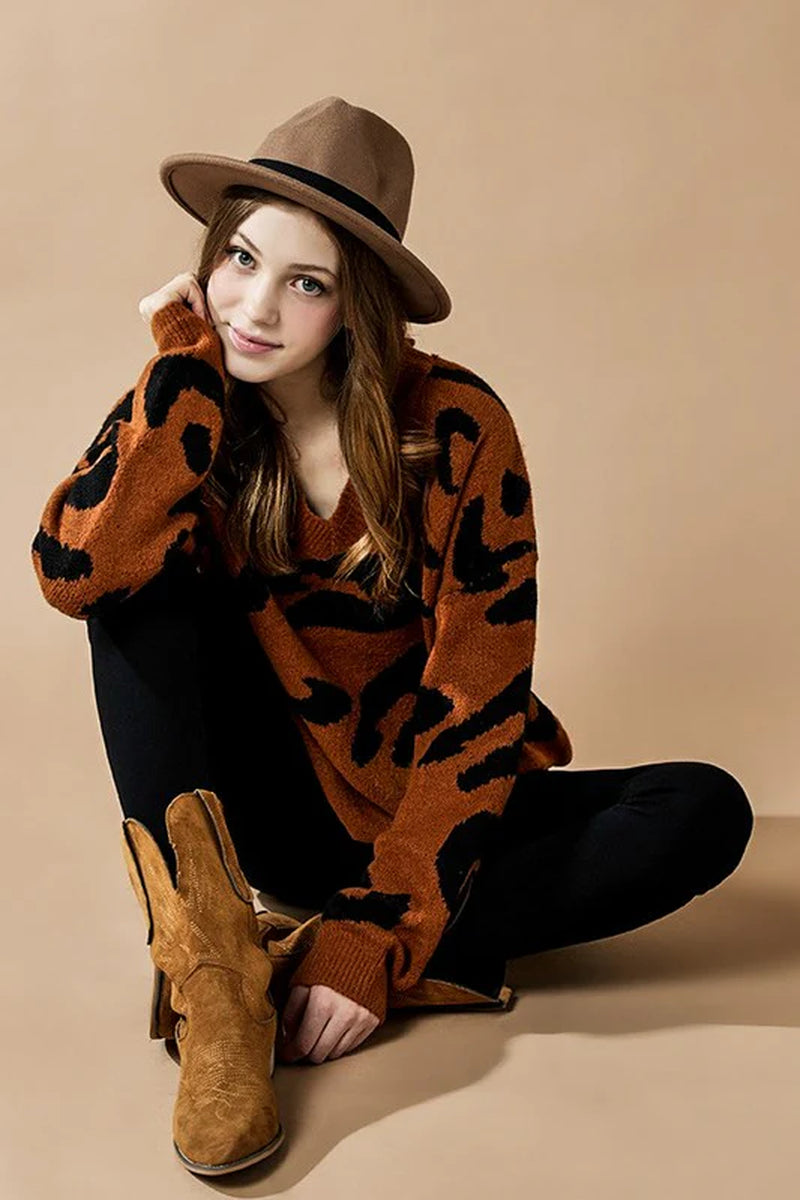 Plus Fuzzy Mohair Jacquard V-Neck Leopard Sweater