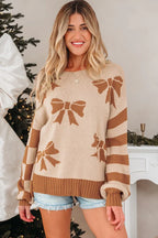 Bow Checker Stripe Patchwork Sleeve Sweater