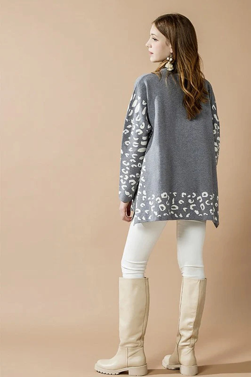 Oversized Mock Neck Leopard Print Sweater Tunic