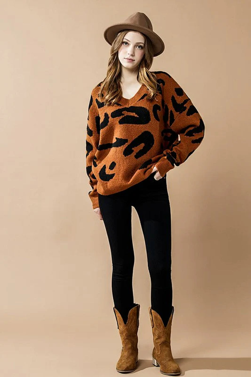 Plus Fuzzy Mohair Jacquard V-Neck Leopard Sweater