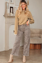 Leopard Bow Split Cuff Contrast Trim Sweater