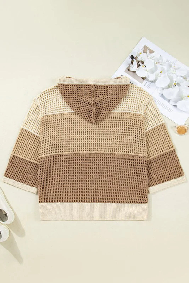 Plus Size Colorblock Hollowed Knit Hooded Sweater