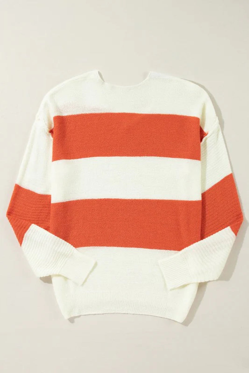 Colorblock Stripe Drop Shoulder Bubble Sleeve Swea