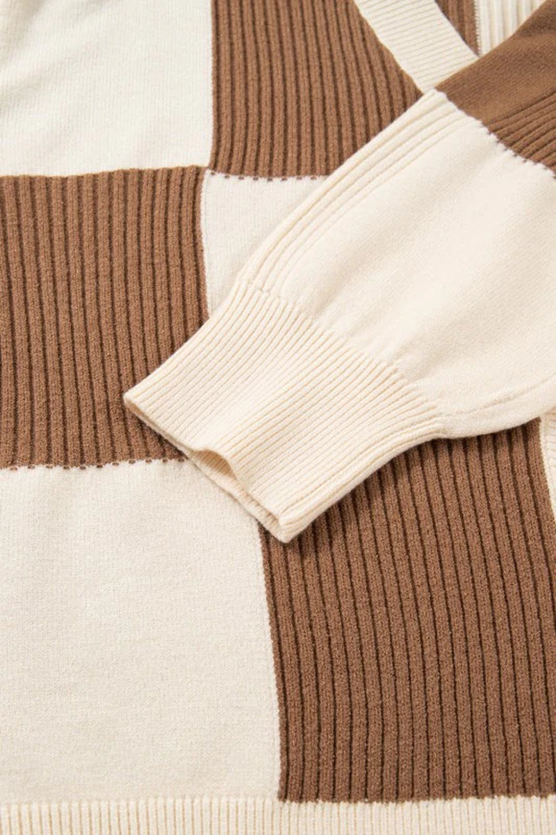 Plus Size Checker Ribbed Knit Buttoned V-Neck Card