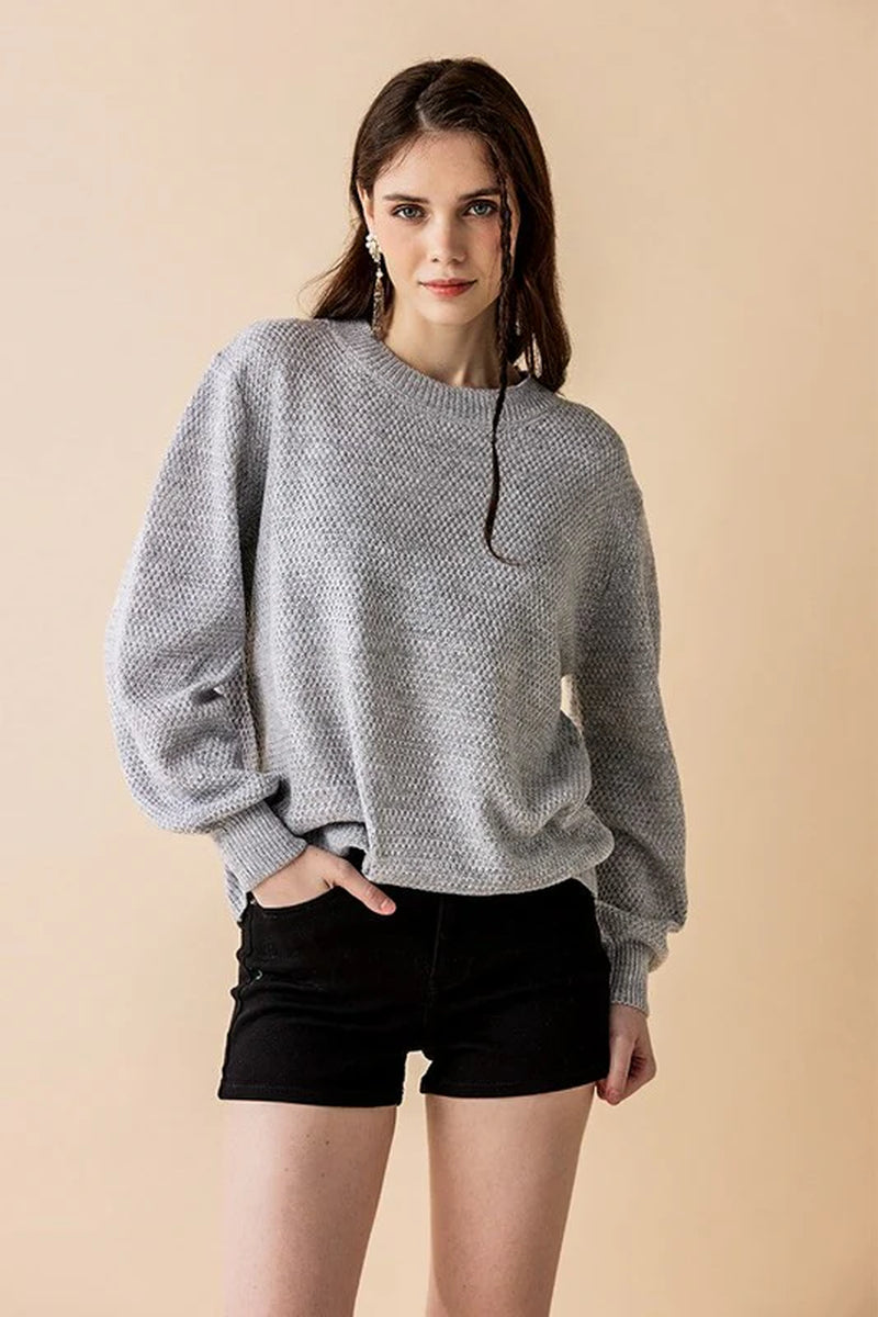 Plus round Neck Balloon Sleeve Heathered Sweater