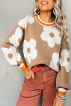 Flower Colorblock Contrast Stripe Baggy Sweater