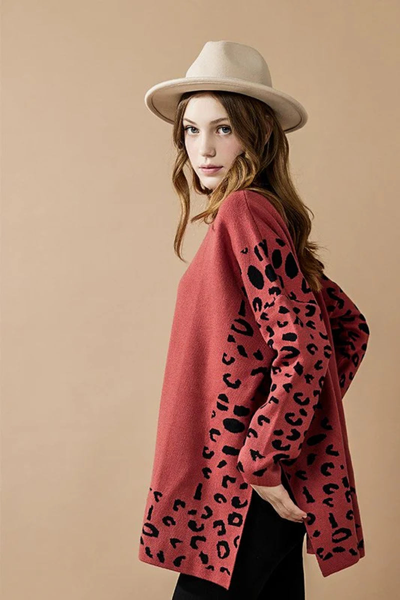 Plus Oversize Mockneck Leopard Print Sweater Tunic