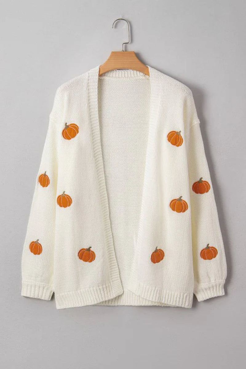 Pumpkin Embroidered Open Front Drop Shoulder Cardi