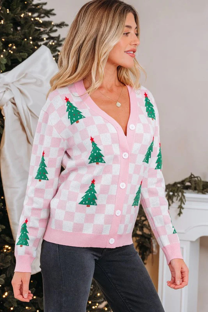 Checker Tree V-Neck Cardigan