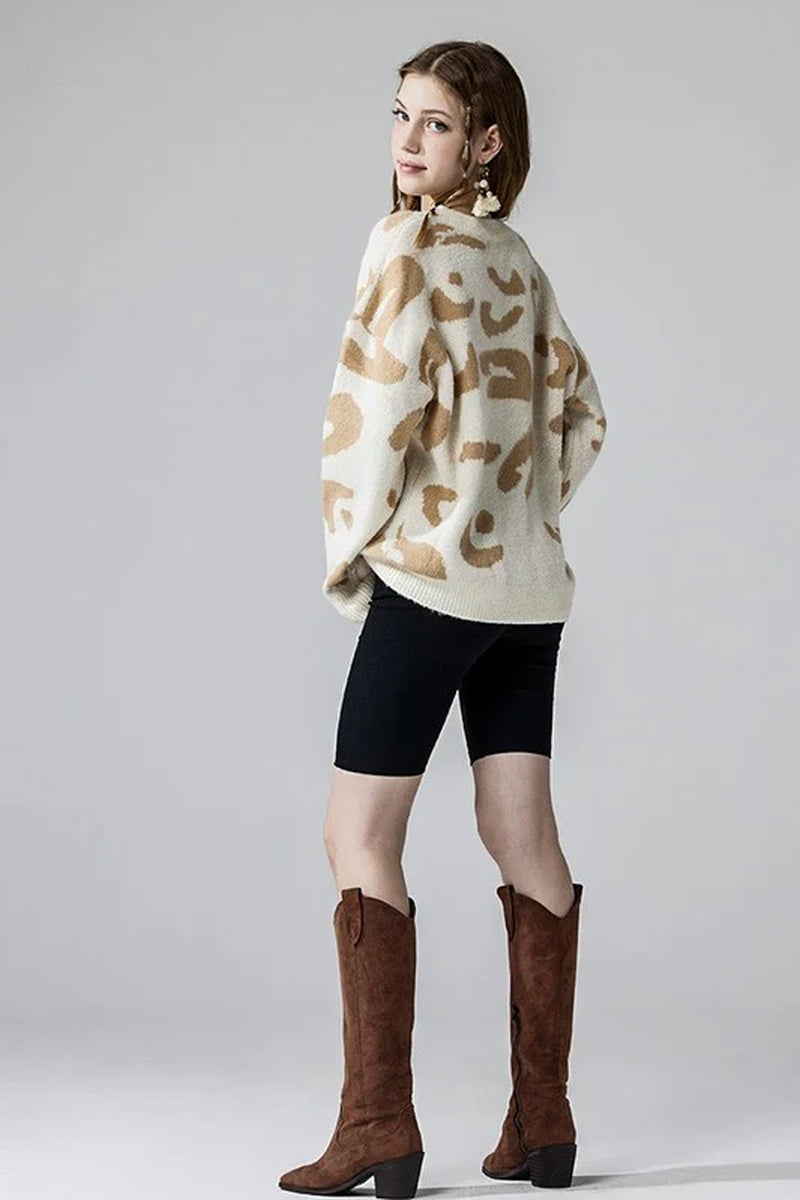 Plus Fuzzy Mohair Jacquard V-Neck Leopard Sweater