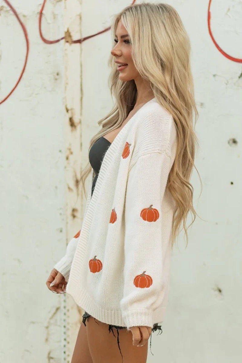 Pumpkin Embroidered Open Front Drop Shoulder Cardi