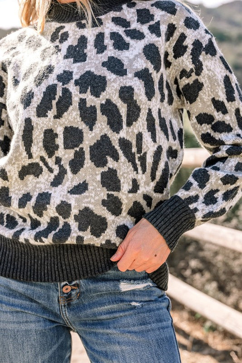 Leopard Contrast Trim Drop Shoulder Sweater