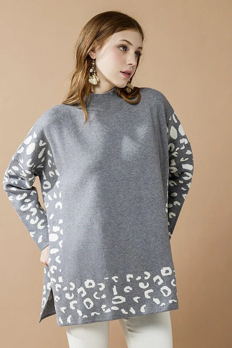 Oversized Mock Neck Leopard Print Sweater Tunic
