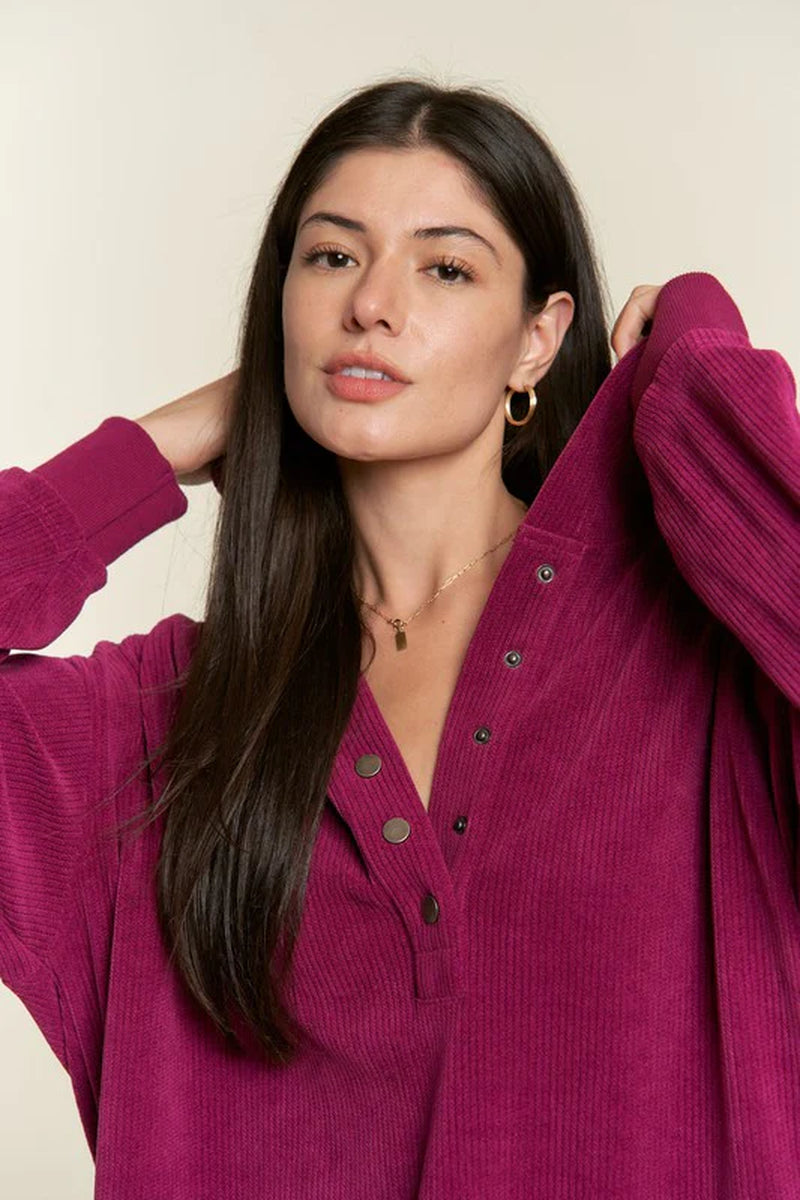 Long Sleeve Button down Ribbed Hooded Sweatshirt