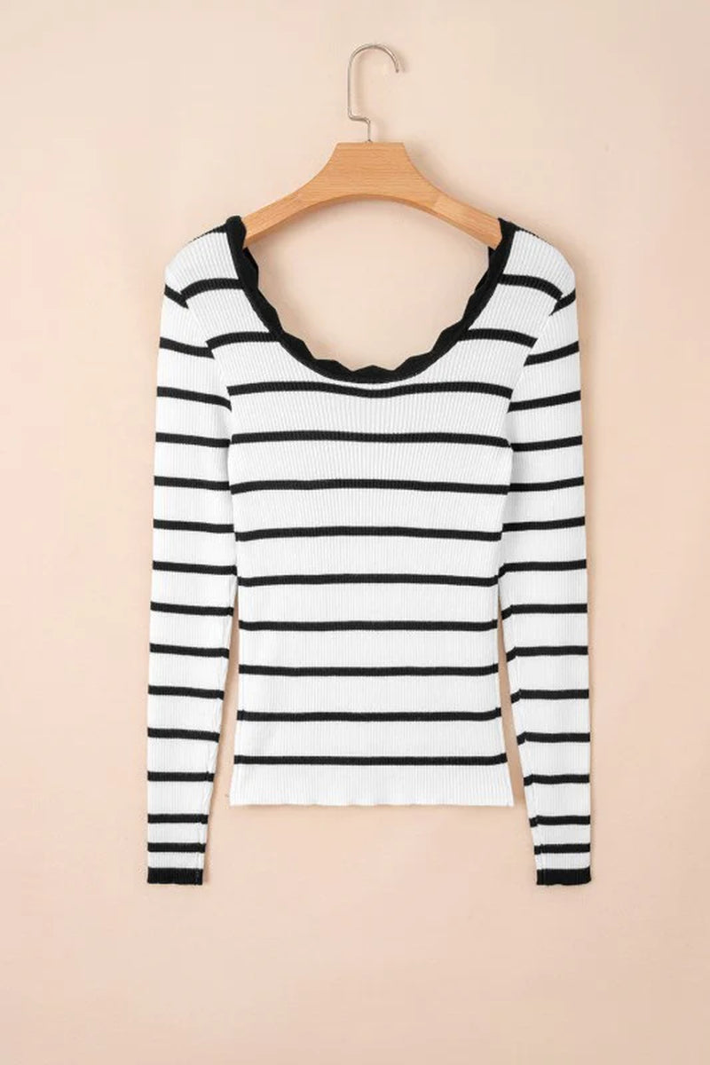 Stripe Scalloped Scoop Neck Ribbed Knit Sweater