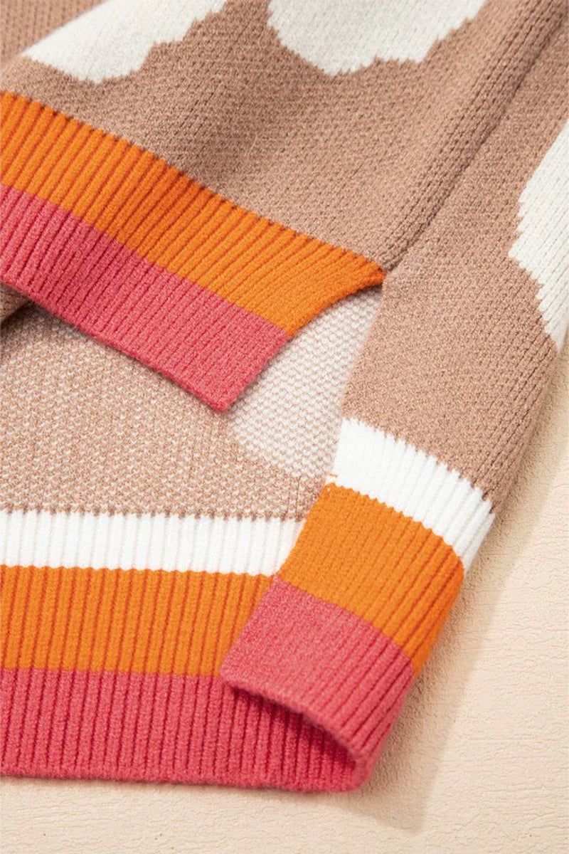 Flower Colorblock Contrast Stripe Baggy Sweater