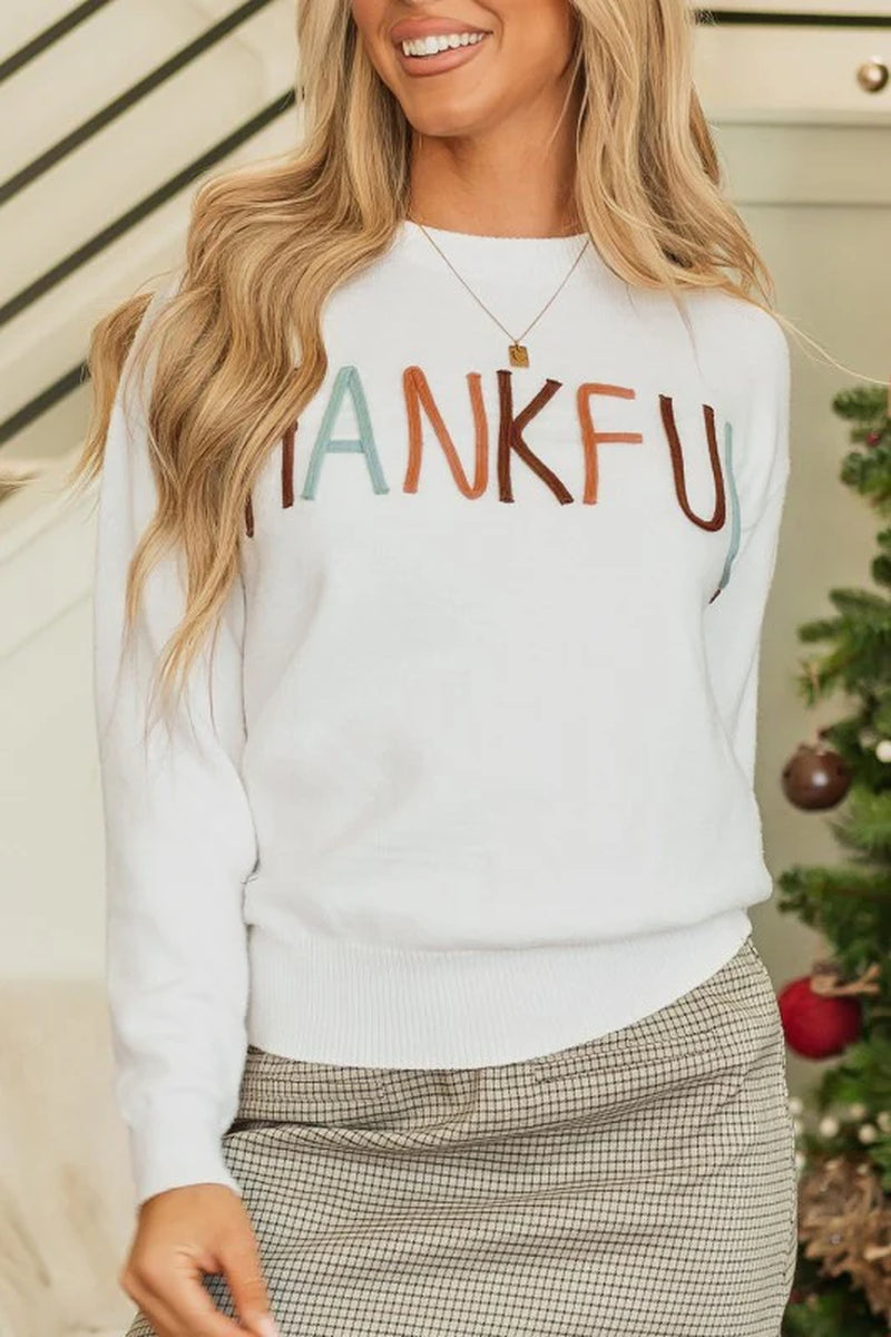 Thankful Embroidered Ribbed Trim Thanksgiving Swea