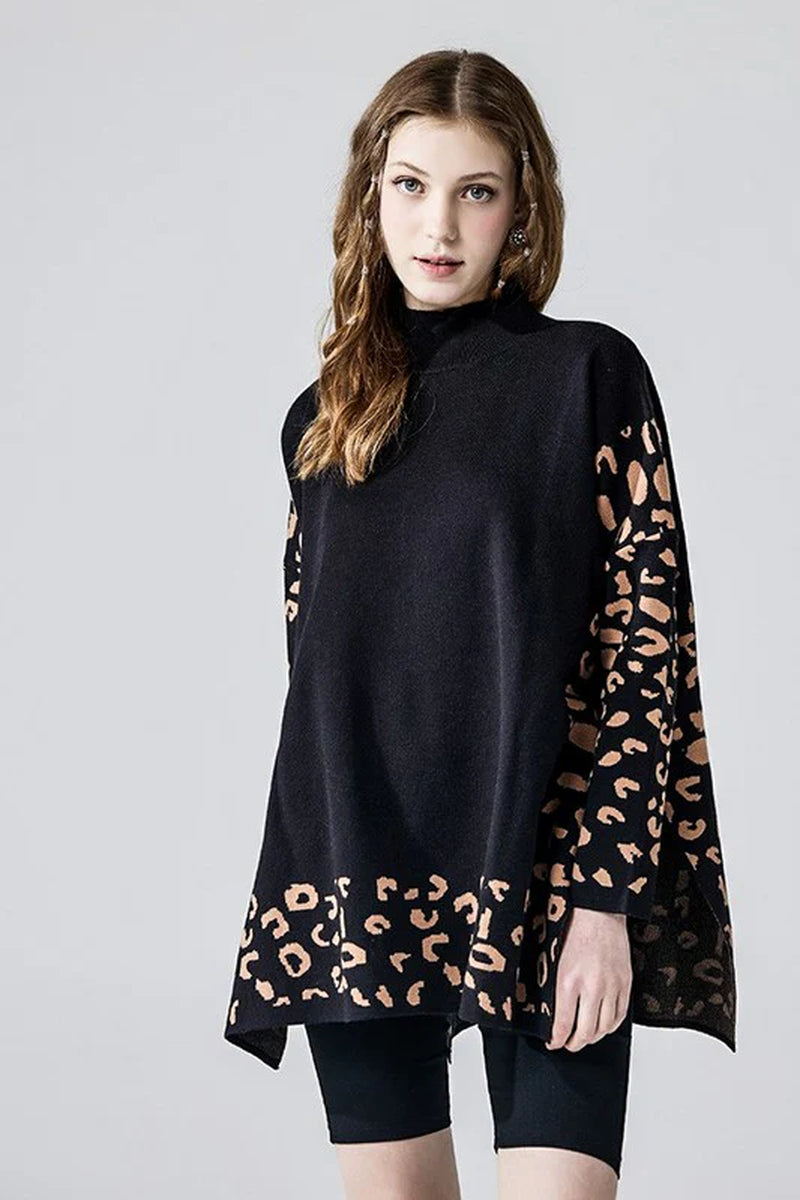 Plus Oversize Mockneck Leopard Print Sweater Tunic
