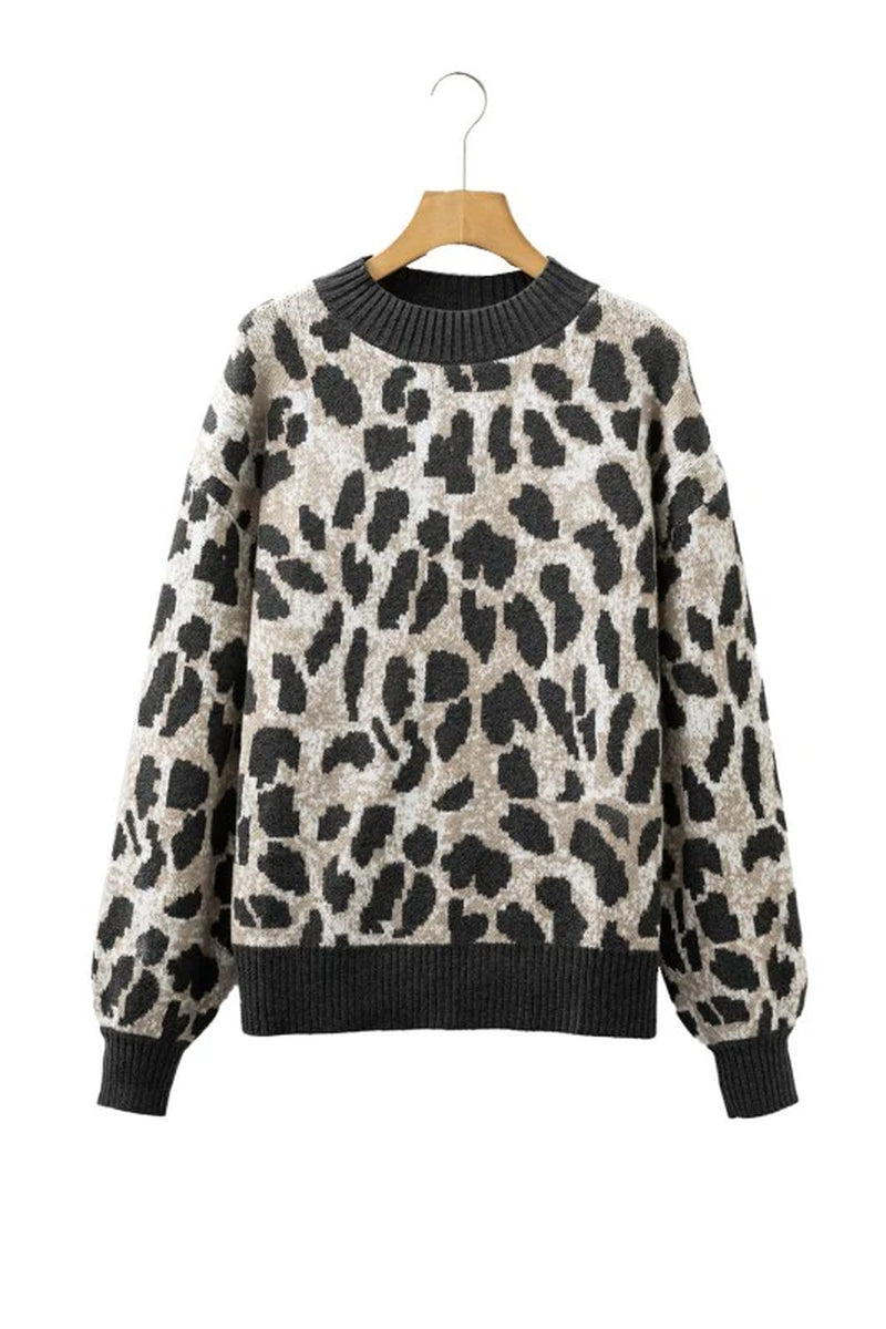 Leopard Contrast Trim Drop Shoulder Sweater