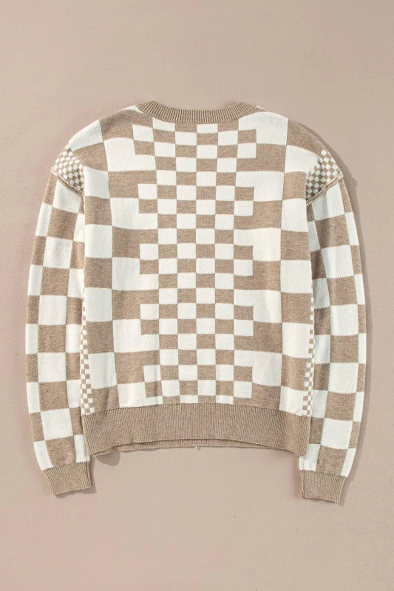 Checker round Neck Drop Shoulder Sweater
