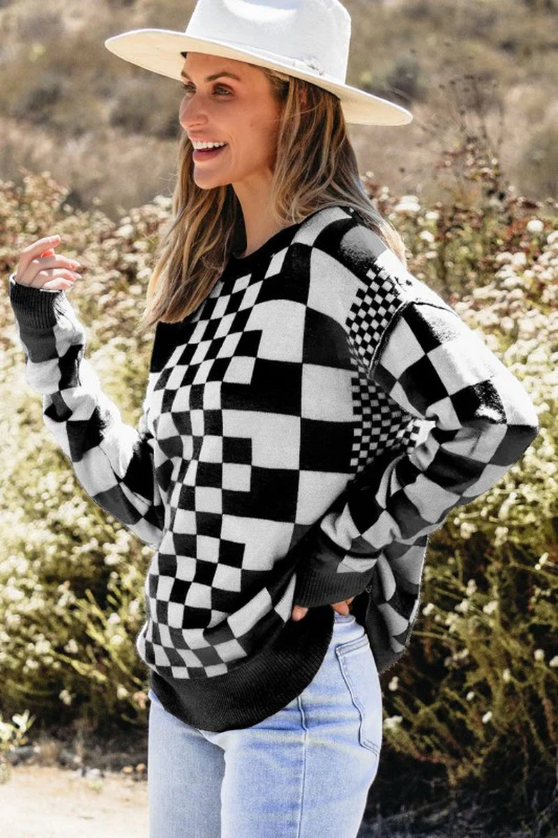Checker round Neck Drop Shoulder Sweater