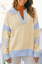Stripe Colorblock Collared Drop Shoulder Sweater