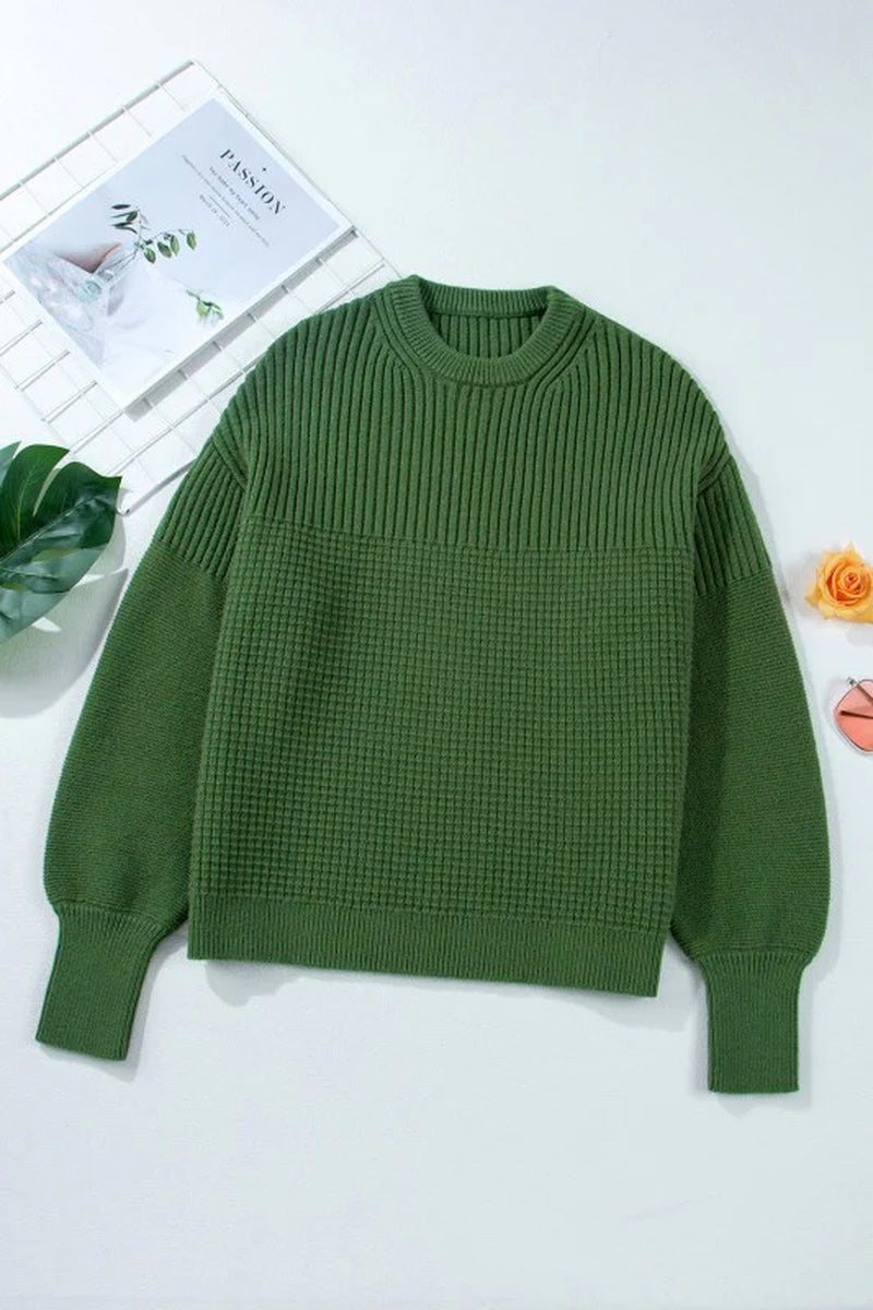 Solid Textured Knit Crewneck Sweater